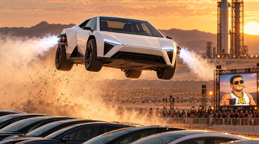 טסלה הציגה את ה"מכונית המעופפת": ה-Roadster קופץ, מתהפך ונוחת — אבל לא באמת טס